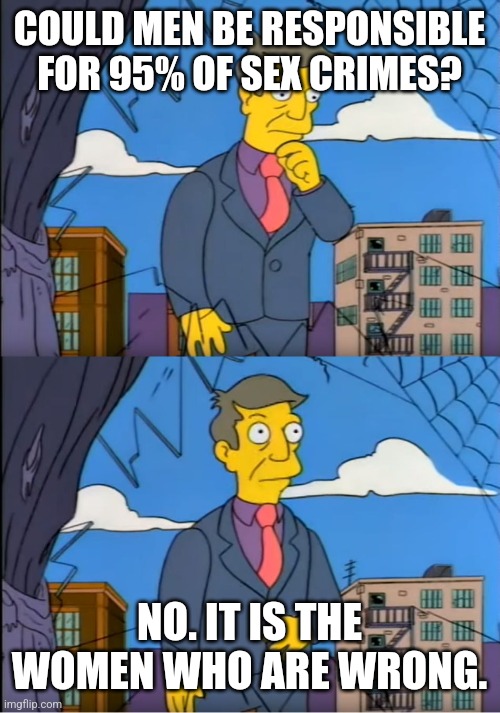 Principal Skinner | COULD MEN BE RESPONSIBLE FOR 95% OF SEX CRIMES? NO. IT IS THE WOMEN WHO ARE WRONG. | image tagged in principal skinner | made w/ Imgflip meme maker