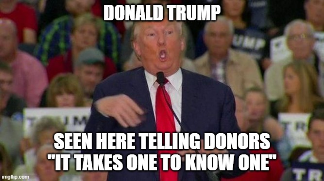 Mr. Miserable Loves Company | DONALD TRUMP; SEEN HERE TELLING DONORS "IT TAKES ONE TO KNOW ONE" | image tagged in trump disabled | made w/ Imgflip meme maker