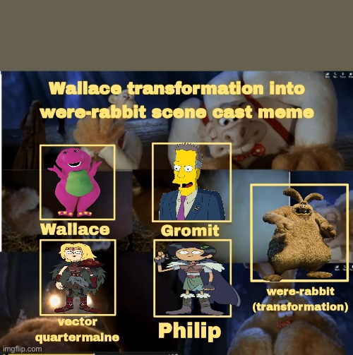 Barney the Dinosaur transformation into Wererabbit | image tagged in wallace transformation into wererabbit scene cast meme,wallace and gromit,barney the dinosaur,the simpsons,amphibia | made w/ Imgflip meme maker