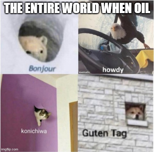 Bonjour guten tag | THE ENTIRE WORLD WHEN OIL | image tagged in bonjour guten tag | made w/ Imgflip meme maker