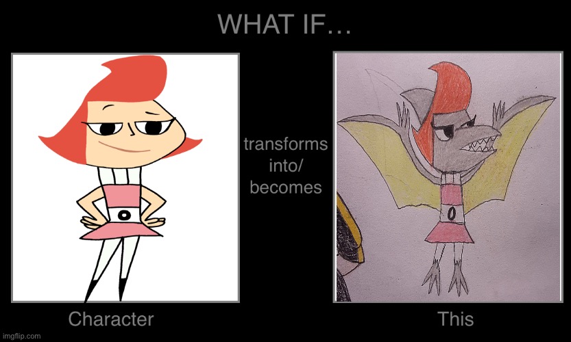 What if Pteresa transforms into a Pteranodon? | image tagged in what if character transforms into become hmm,transformation,my life as a teenage robot,jurassic park | made w/ Imgflip meme maker