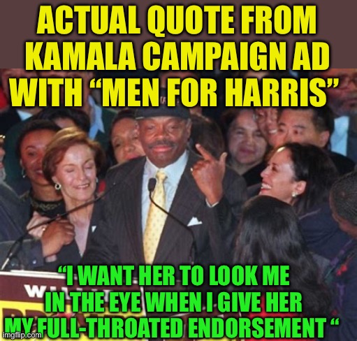 Kamala campaign devoid of self awareness | ACTUAL QUOTE FROM KAMALA CAMPAIGN AD WITH “MEN FOR HARRIS”; “I WANT HER TO LOOK ME IN THE EYE WHEN I GIVE HER MY FULL-THROATED ENDORSEMENT “ | image tagged in gifs,democrats,kamala harris,awareness,incompetence | made w/ Imgflip meme maker