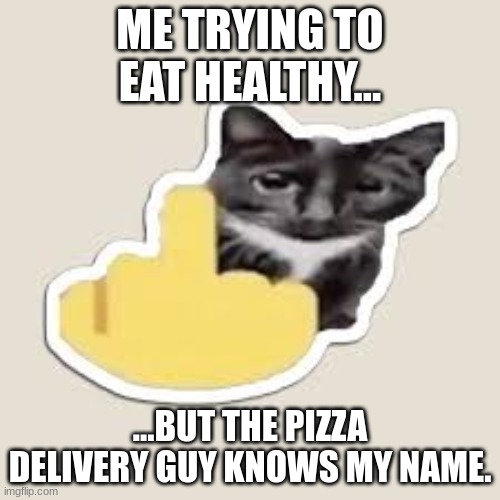 I hate that guy | ME TRYING TO EAT HEALTHY... ...BUT THE PIZZA DELIVERY GUY KNOWS MY NAME. | image tagged in grumpy cat,mad,table flip guy,crashout | made w/ Imgflip meme maker