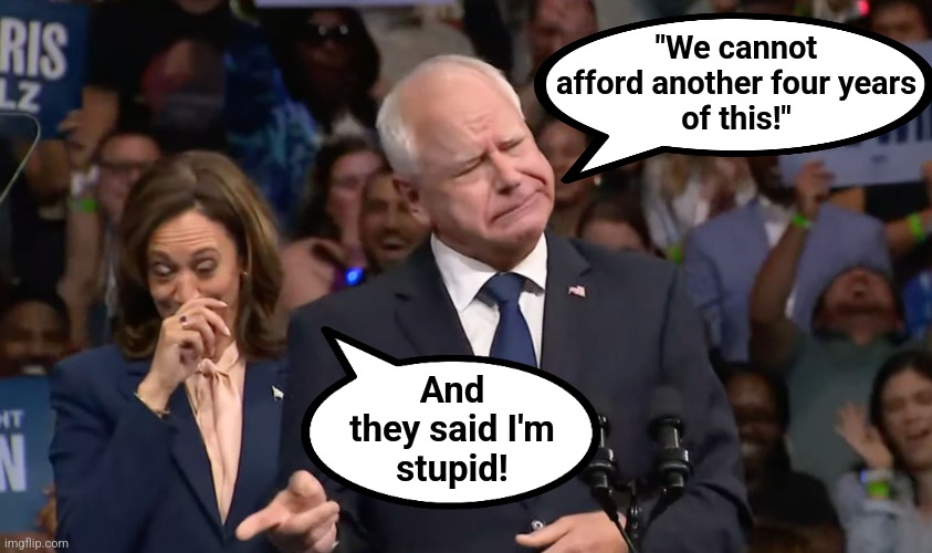 Tim Walz and Kamala Harris | "We cannot
afford another four years
of this!" And
they said I'm
stupid! | image tagged in tim walz and kamala harris | made w/ Imgflip meme maker