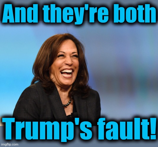 Kamala Harris laughing | And they're both Trump's fault! | image tagged in kamala harris laughing | made w/ Imgflip meme maker