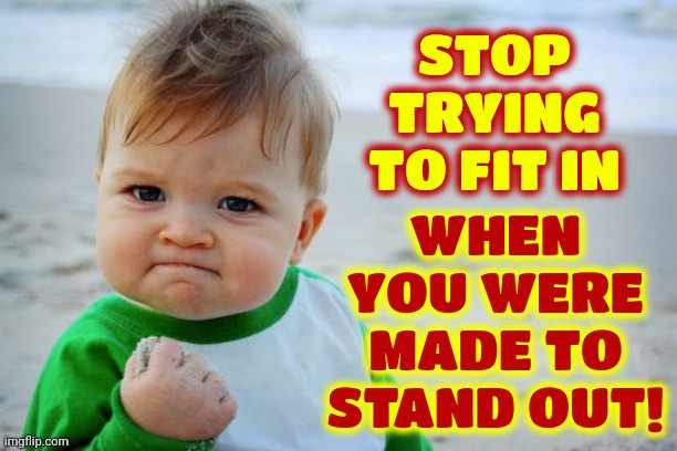 My Advice To Everyone That's Making Themselves MISERABLE Trying To "Fit In" With The Crowd | STOP TRYING TO FIT IN; WHEN YOU WERE MADE TO STAND OUT! | image tagged in memes,success kid original,be different,stand out,rock the kasbah,trust your gut | made w/ Imgflip meme maker