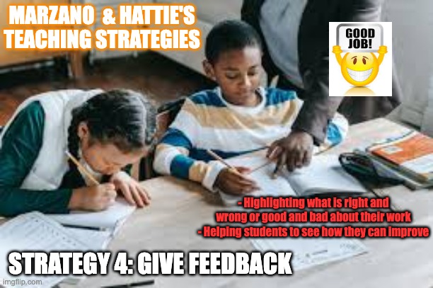 Strategy 4: Give Feedback | MARZANO  & HATTIE'S TEACHING STRATEGIES; - Highlighting what is right and wrong or good and bad about their work
- Helping students to see how they can improve; STRATEGY 4: GIVE FEEDBACK | image tagged in teacher feedback | made w/ Imgflip meme maker