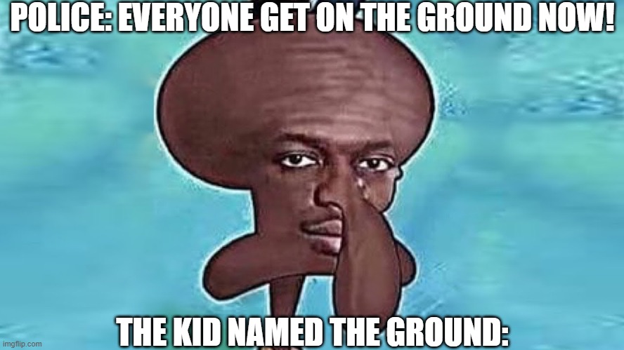 The kid named the ground: | POLICE: EVERYONE GET ON THE GROUND NOW! THE KID NAMED THE GROUND: | image tagged in ksi squidward,goofy ahh,funny,fun,funny memes,goofy memes | made w/ Imgflip meme maker