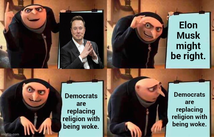 It Sounds Plausible | Elon Musk might be right. Democrats are replacing religion with being woke. Democrats are replacing religion with being woke. | image tagged in memes,gru's plan,elon musk,democrats,religion,being woke | made w/ Imgflip meme maker