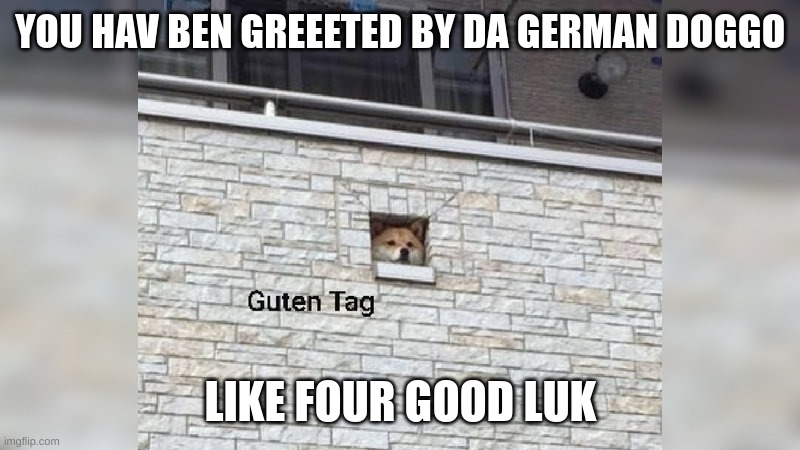 Gluten Tag | YOU HAV BEN GREEETED BY DA GERMAN DOGGO; LIKE FOUR GOOD LUK | image tagged in guten tag | made w/ Imgflip meme maker