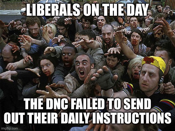 Zombies Approaching | LIBERALS ON THE DAY; THE DNC FAILED TO SEND OUT THEIR DAILY INSTRUCTIONS | image tagged in zombies approaching | made w/ Imgflip meme maker