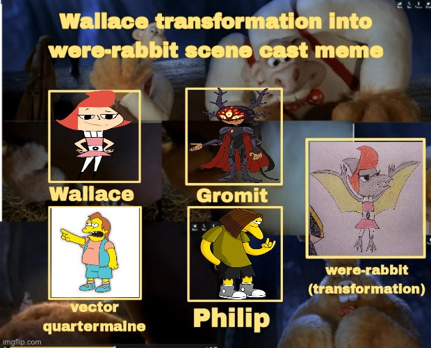 Pteresa transformation into Pterandon (Wallace and Gromit parody) | image tagged in wallace transformation into wererabbit scene cast meme,wallace and gromit,transformation | made w/ Imgflip meme maker