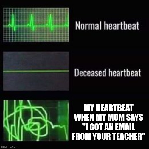 heartbeat rate | MY HEARTBEAT WHEN MY MOM SAYS "I GOT AN EMAIL FROM YOUR TEACHER" | image tagged in heartbeat rate | made w/ Imgflip meme maker