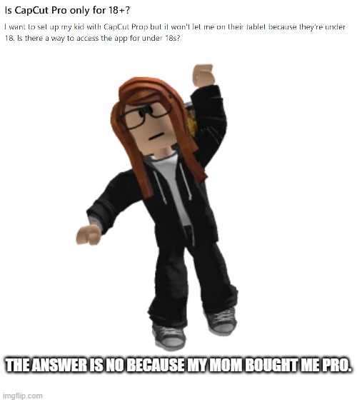 Found this on r/CapCut. AND I'M ALMOST 15. | THE ANSWER IS NO BECAUSE MY MOM BOUGHT ME PRO. | image tagged in capcut,cara dev,capcut pro,reddit | made w/ Imgflip meme maker