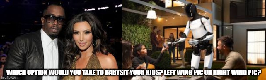 Left pic or right pic? Who would you rather babysit your kids? | WHICH OPTION WOULD YOU TAKE TO BABYSIT YOUR KIDS? LEFT WING PIC OR RIGHT WING PIC? | image tagged in pdiddy,kardashian,tesla,musk | made w/ Imgflip meme maker