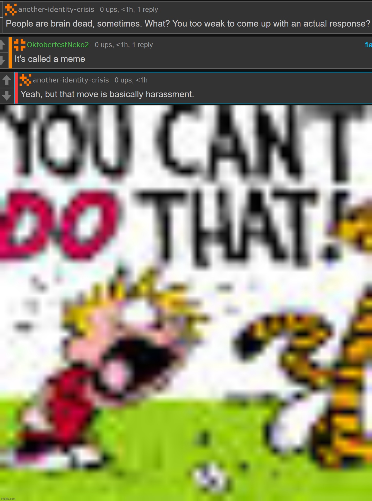 We can't draw Soyjaks anymore chat, it's "mean" | image tagged in calvin and hobbes you can't do that | made w/ Imgflip meme maker