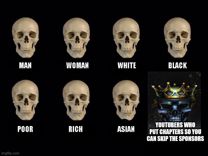 empty skulls of truth | YOUTUBERS WHO PUT CHAPTERS SO YOU CAN SKIP THE SPONSORS | image tagged in empty skulls of truth | made w/ Imgflip meme maker