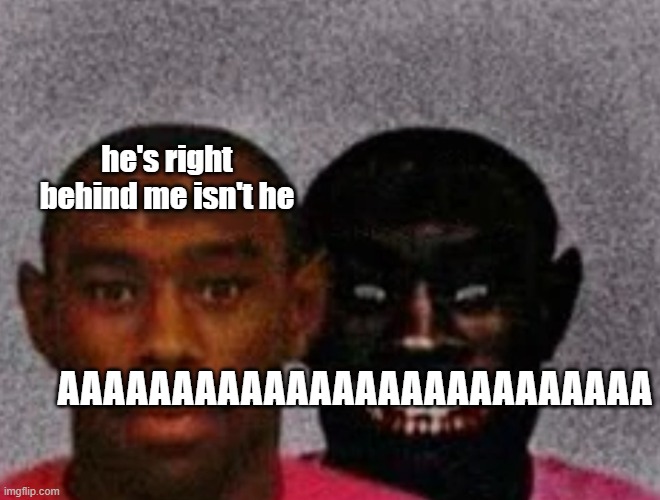 Good Tyler and Bad Tyler | AAAAAAAAAAAAAAAAAAAAAAAAAA; he's right behind me isn't he | image tagged in good tyler and bad tyler | made w/ Imgflip meme maker