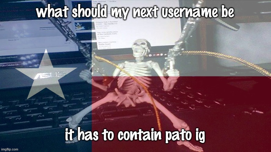 TEXAS RAAAAAAHHH | what should my next username be; it has to contain pato ig | image tagged in texas raaaaaahhh | made w/ Imgflip meme maker