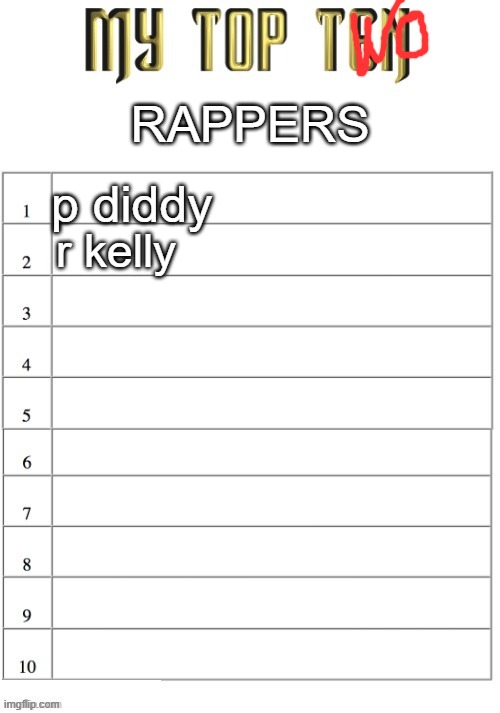 Top ten list better | RAPPERS; p diddy; r kelly | image tagged in top ten list better | made w/ Imgflip meme maker