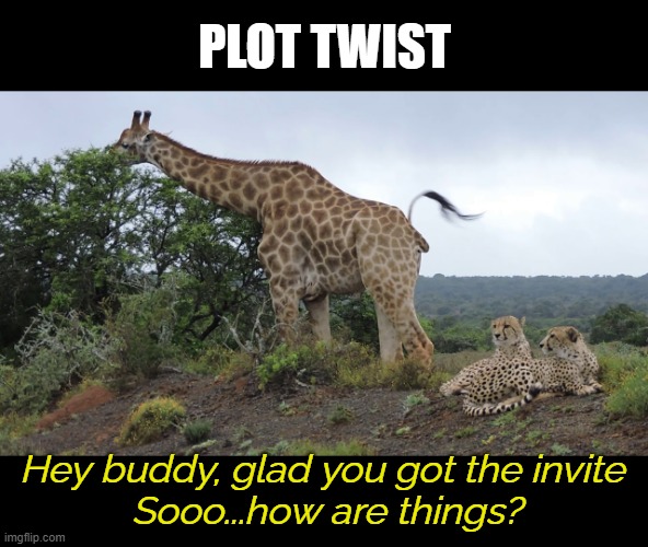 PLOT TWIST Hey buddy, glad you got the invite
 Sooo...how are things? | made w/ Imgflip meme maker