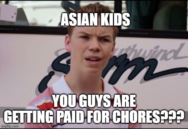 everytime i ask for money i get yelled at :skull: | ASIAN KIDS; YOU GUYS ARE GETTING PAID FOR CHORES??? | image tagged in you guys are getting paid,funny,relatable,memes,asian | made w/ Imgflip meme maker