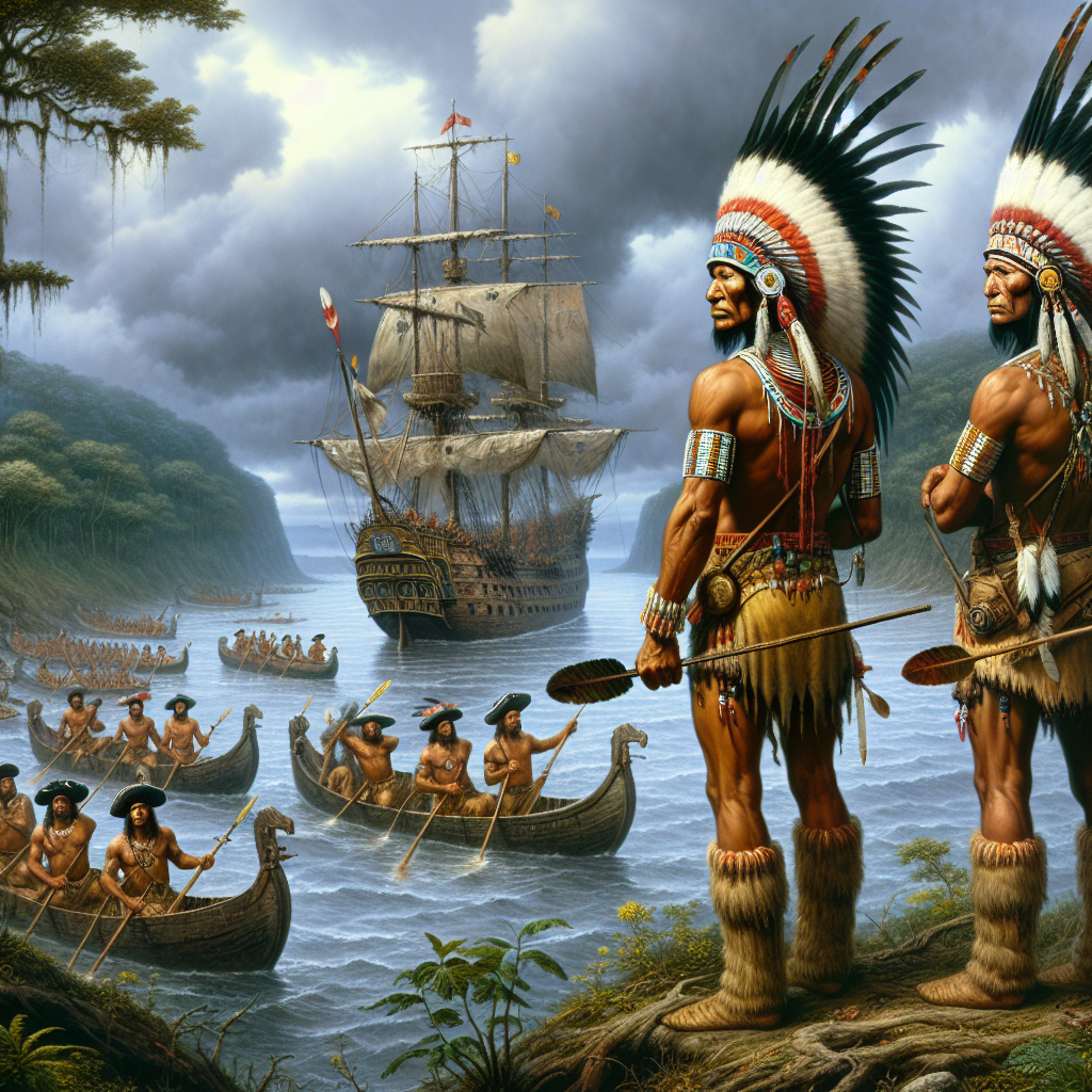 American Indian braves watch a landing party from a Spanish gall Blank Meme Template