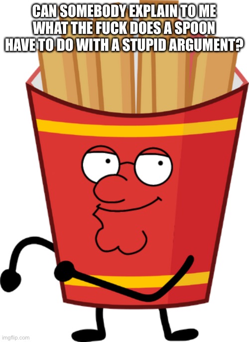 Fries with Peter Griffin's face | CAN SOMEBODY EXPLAIN TO ME WHAT THE FUCK DOES A SPOON HAVE TO DO WITH A STUPID ARGUMENT? | image tagged in fries with peter griffin's face | made w/ Imgflip meme maker
