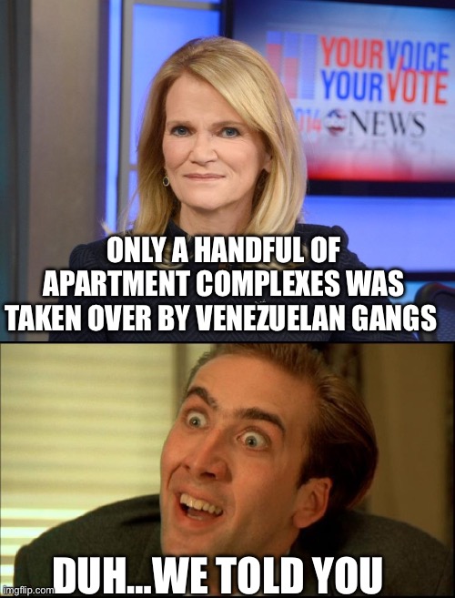 ONLY A HANDFUL OF APARTMENT COMPLEXES WAS TAKEN OVER BY VENEZUELAN GANGS; DUH…WE TOLD YOU | image tagged in martha raddatz,you don't say - nicholas cage,donald trump,media,politics,political meme | made w/ Imgflip meme maker