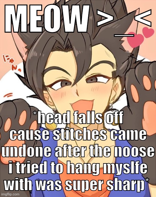 industrial steel cable ^_^ | MEOW >_<; *head falls off cause stitches came undone after the noose i tried to hang myslfe with was super sharp* | made w/ Imgflip meme maker