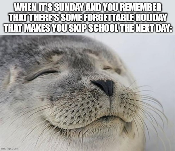 Satisfied Seal Meme | WHEN IT'S SUNDAY AND YOU REMEMBER THAT THERE'S SOME FORGETTABLE HOLIDAY THAT MAKES YOU SKIP SCHOOL THE NEXT DAY: | image tagged in memes,satisfied seal | made w/ Imgflip meme maker