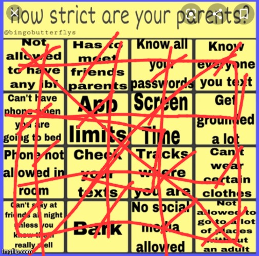 No wonder why I have to sneak everything everywhere | image tagged in strict parent bingo | made w/ Imgflip meme maker