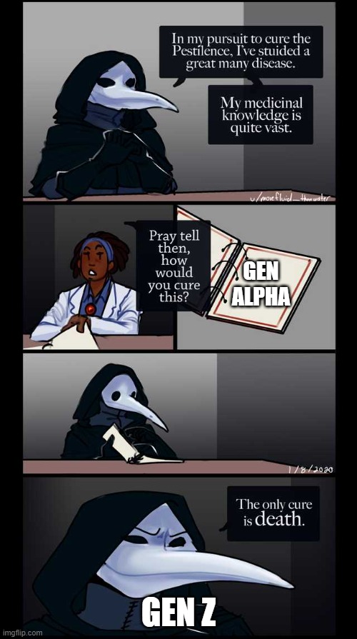 Scp-49 The only cure is death | GEN ALPHA; GEN Z | image tagged in scp-49 the only cure is death | made w/ Imgflip meme maker