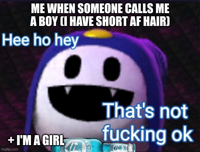 It really isn't ok- | ME WHEN SOMEONE CALLS ME A BOY (I HAVE SHORT AF HAIR); + I'M A GIRL | image tagged in hee ho hey that's not f cking okay | made w/ Imgflip meme maker