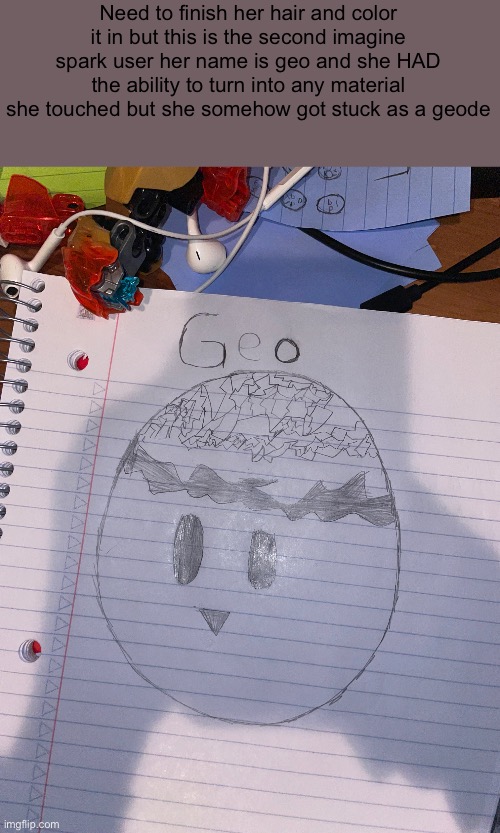 this is my attempt at drawing hair yes its crystalized and no its not gunna be consistent ever | Need to finish her hair and color it in but this is the second imagine spark user her name is geo and she HAD the ability to turn into any material she touched but she somehow got stuck as a geode | made w/ Imgflip meme maker