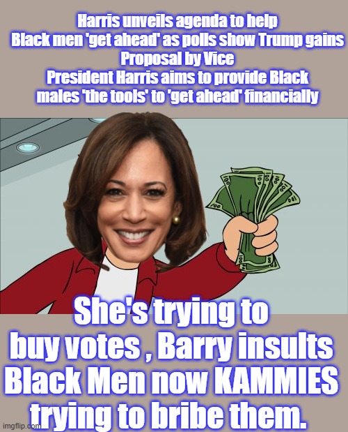 Shut Up & get back on the DEM plantation | Harris unveils agenda to help Black men 'get ahead' as polls show Trump gains
Proposal by Vice President Harris aims to provide Black males 'the tools' to 'get ahead' financially; She's trying to buy votes , Barry insults Black Men now KAMMIES trying to bribe them. | image tagged in memes,shut up and take my money fry | made w/ Imgflip meme maker