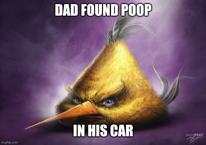 Angry dad | DAD FOUND POOP; IN HIS CAR | image tagged in realistic yellow angry bird | made w/ Imgflip meme maker