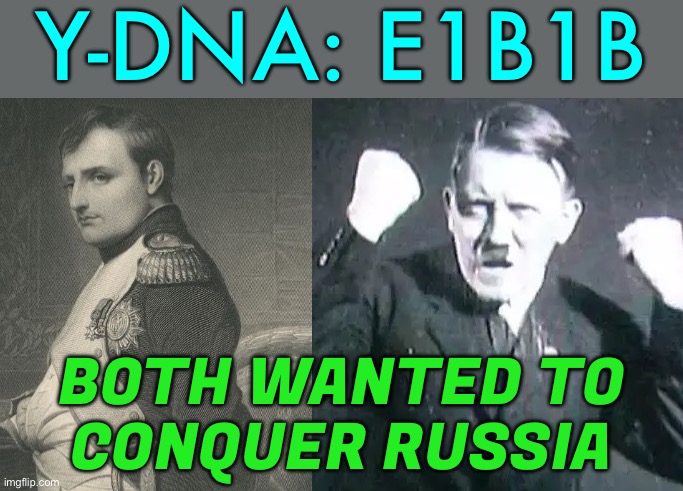 Both Wanted To Conquer Russia | Y-DNA: E1B1B; BOTH WANTED TO
CONQUER RUSSIA | image tagged in napoleon and hitler,world war 2,hitler,napoleon,hitler downfall,russia | made w/ Imgflip meme maker