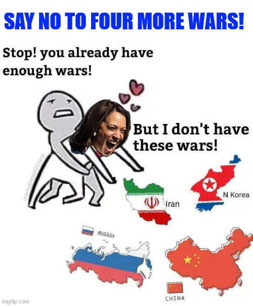 Say NO to more dem rino wars | SAY NO TO FOUR MORE WARS! | image tagged in warmonger,liberals,kamala harris,say no to them | made w/ Imgflip meme maker