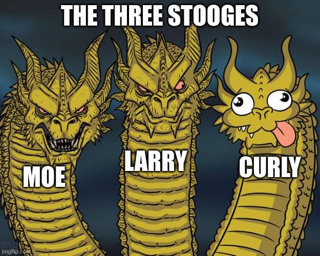 Three-headed Dragon | THE THREE STOOGES; LARRY; CURLY; MOE | image tagged in three-headed dragon | made w/ Imgflip meme maker