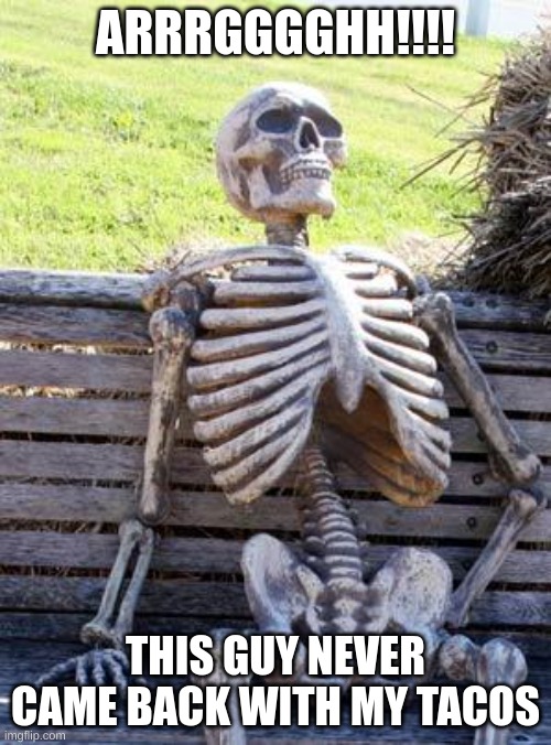 Skele | ARRRGGGGHH!!!! THIS GUY NEVER CAME BACK WITH MY TACOS | image tagged in memes,waiting skeleton | made w/ Imgflip meme maker