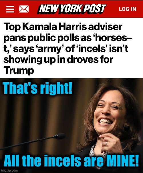 Kamala's army of incels! | That's right! All the incels are MINE! | image tagged in kamala harris laughing,memes,democrats,david plouffe,incels | made w/ Imgflip meme maker