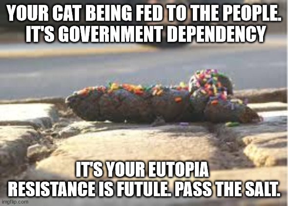 The death of your cat. | YOUR CAT BEING FED TO THE PEOPLE.
 IT'S GOVERNMENT DEPENDENCY; IT'S YOUR EUTOPIA 
RESISTANCE IS FUTULE. PASS THE SALT. | image tagged in democratic socialism,cats,sarcasm | made w/ Imgflip meme maker