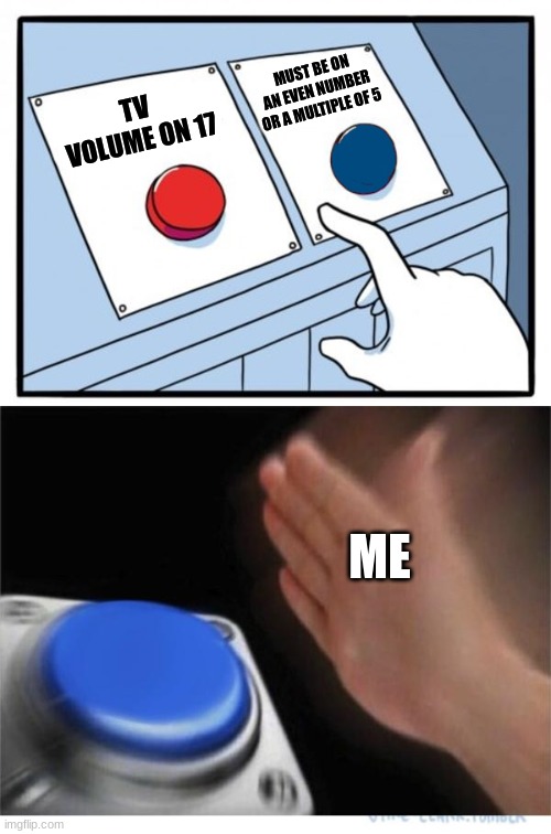 two buttons 1 blue | MUST BE ON AN EVEN NUMBER OR A MULTIPLE OF 5; TV VOLUME ON 17; ME | image tagged in two buttons 1 blue | made w/ Imgflip meme maker