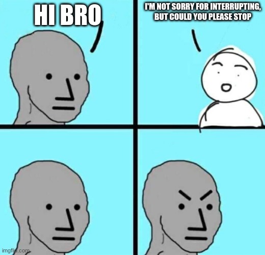 Angry npc wojak | I'M NOT SORRY FOR INTERRUPTING, BUT COULD YOU PLEASE STOP; HI BRO | image tagged in angry npc wojak | made w/ Imgflip meme maker