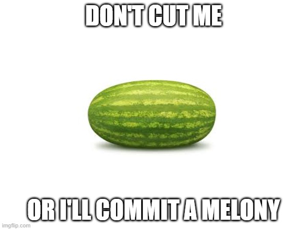 melony | DON'T CUT ME; OR I'LL COMMIT A MELONY | image tagged in funny,fruit,watermelon | made w/ Imgflip meme maker