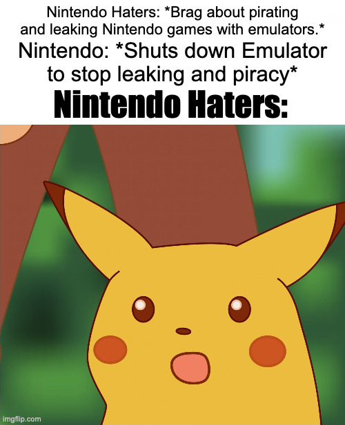 Emulators | Nintendo Haters: *Brag about pirating and leaking Nintendo games with emulators.*; Nintendo: *Shuts down Emulator to stop leaking and piracy*; Nintendo Haters: | image tagged in surprised pikachu high quality,nintendo,nintendo haters | made w/ Imgflip meme maker