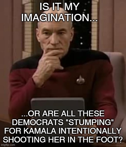 picard thinking | IS IT MY IMAGINATION... ...OR ARE ALL THESE DEMOCRATS "STUMPING" FOR KAMALA INTENTIONALLY SHOOTING HER IN THE FOOT? | image tagged in picard thinking | made w/ Imgflip meme maker