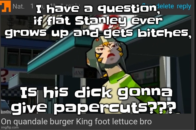 Uhhh | I have a question, if flat Stanley ever grows up and gets bitches, Is his dick gonna give papercuts??? | image tagged in on quandale burger king foot lettuce bro | made w/ Imgflip meme maker