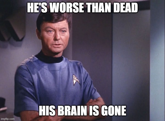 Dr. McCoy | HE'S WORSE THAN DEAD; HIS BRAIN IS GONE | image tagged in dr mccoy | made w/ Imgflip meme maker